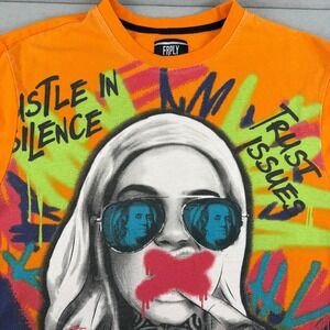FRPLY Mens Orange Graffiti Graphic T-Shirt Hustle In Silence Trust Issues XL